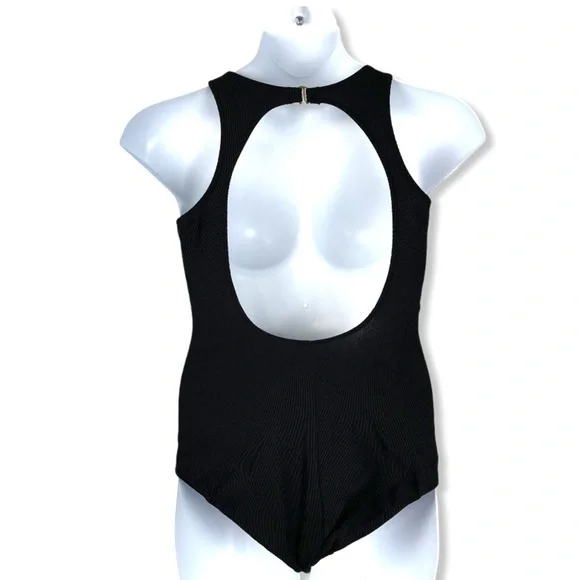 Color Block Stripe Textured One Piece High Neck Keyhole Back Swimsuit - Vintage - Picture 3 of 13